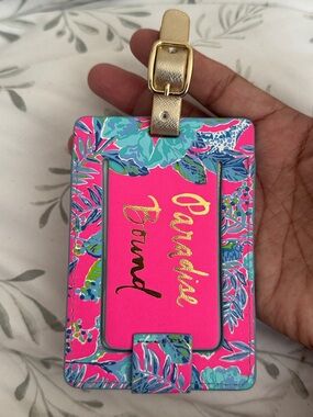 Lilly Pulitzer Hot Pink Tropical luggage tag with Gold Strap Accent